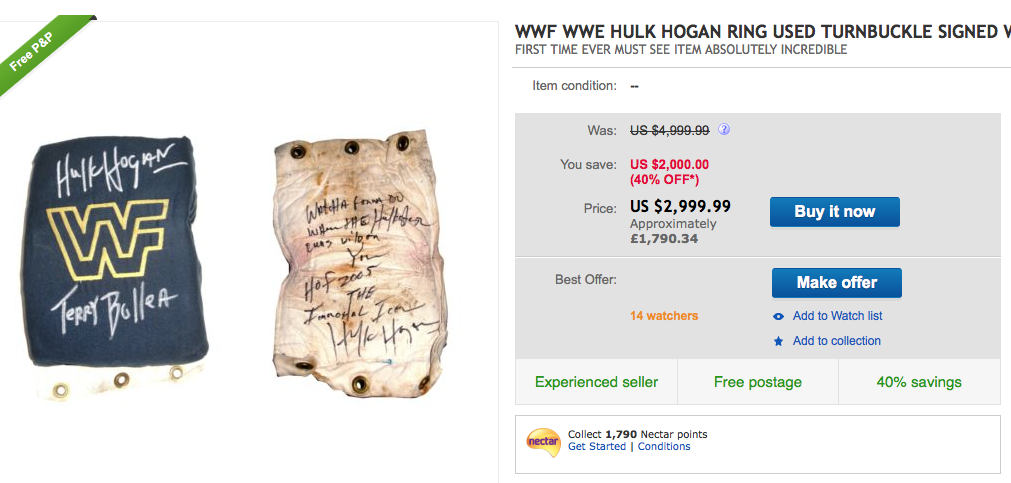 Hulk Hogan signed turnbuckle eBay auciton price