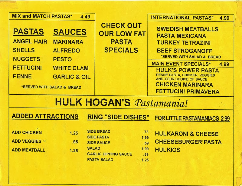 Someone Bought This: Hulk Hogan's Pastamania menu and bonus pasta ...